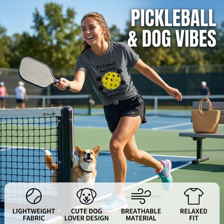 Pickleball &amp; Dog Women’s T-Shirt – Short Sleeve Crew Neck, Casual Retro Style, Breathable Cotton Blend, Cute Graphic Tee