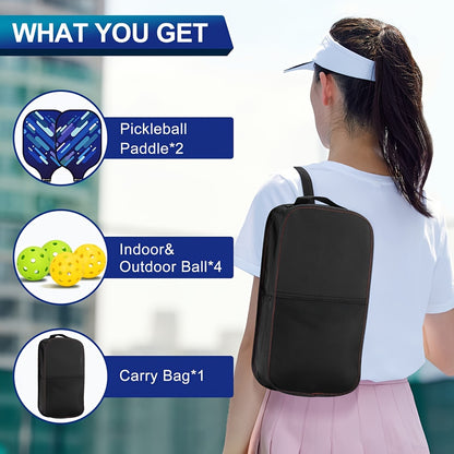 Pickleball Paddles Pickleball Set Indoor & Outdoor Use, Lightweight Pickle Ball Paddle Set Of 2 with 4 Pickleball Balls And Pickleball Bag, Fiberglass Surface Cushion Grip (Blue)