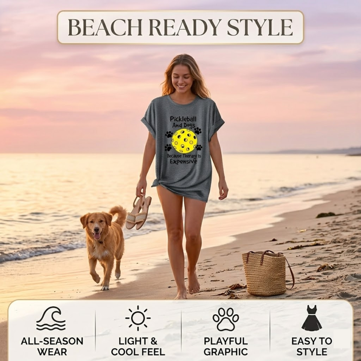 Pickleball &amp; Dog Women’s T-Shirt – Short Sleeve Crew Neck, Casual Retro Style, Breathable Cotton Blend, Cute Graphic Tee