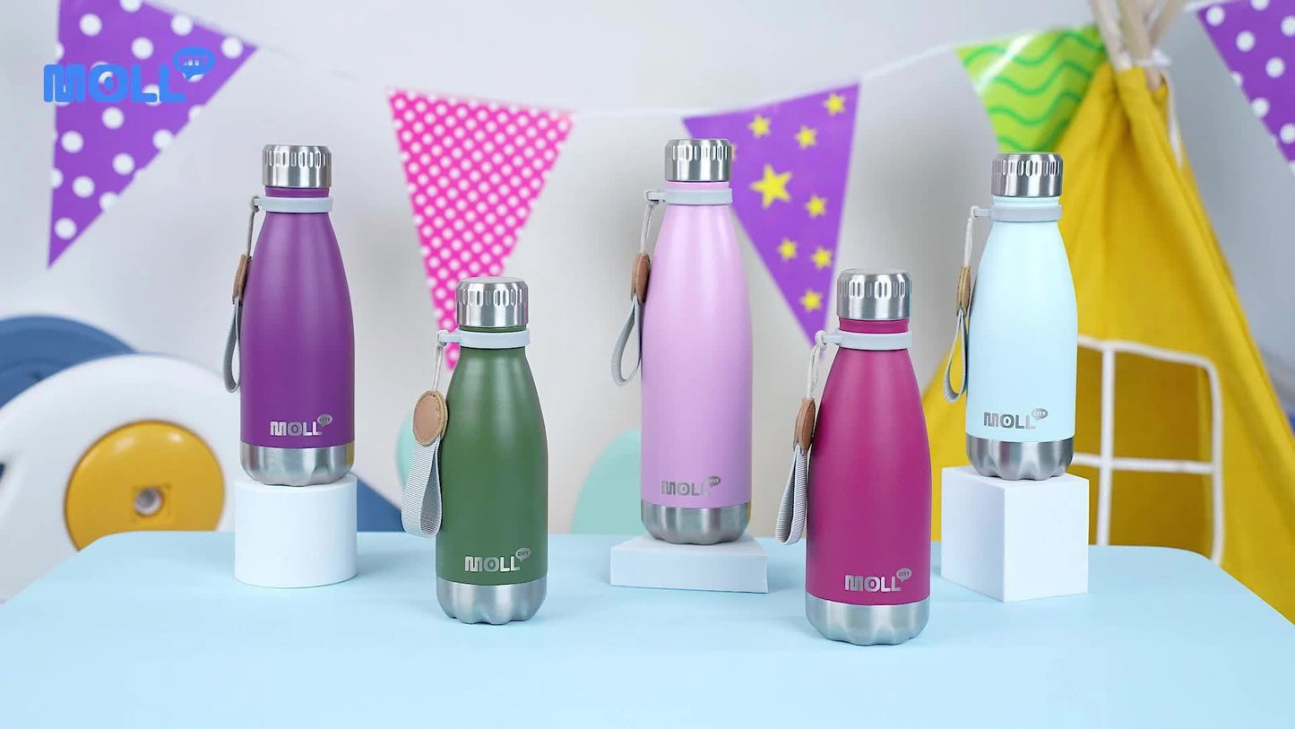 1pc Mollcity 9oz/266ml Stainless Steel Water Bottle - Vacuum Insulated, Leak-Proof, Double-Wall Insulated with Carry Strap, 24H Cold & 12H Hot, Lightweight & Durable for School, Sports, Travel, Outdoor, Gym