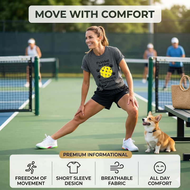 Pickleball &amp; Dog Women’s T-Shirt – Short Sleeve Crew Neck, Casual Retro Style, Breathable Cotton Blend, Cute Graphic Tee