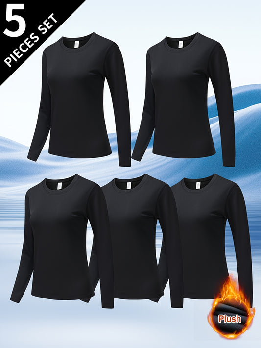 5pcs Women's Autumn Winter Thermal Tops (XS-XXL) | Basic Versatile, Breathable & Skin-Friendly, Classic Black