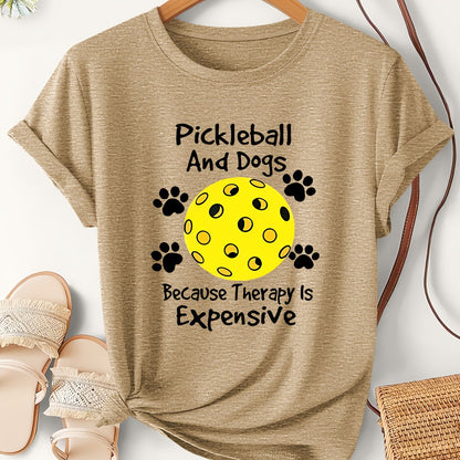 Women's Pickleball & Dogs Print T-Shirt - Lightweight Short Sleeve Casual Round Neck Top with "Paddle Love & Dog Moms" Slogan Suitable for Pickleball Tournaments, Beach Days, Casual Attire - Machine Washable Summer Apparel