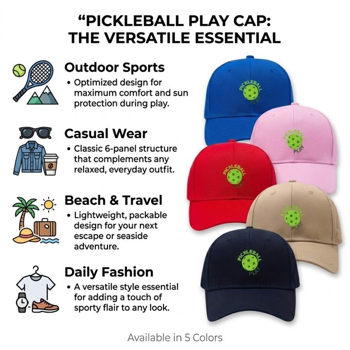 Pickleball Play Snapback Cap - Unisex Adjustable Flat Brim Breathable Sports Hat, Casual Outdoor Gift for Men Women