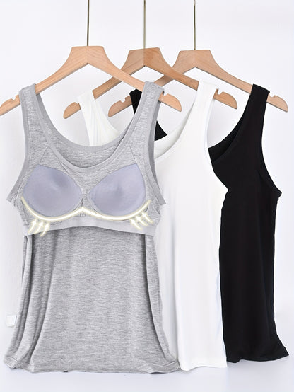 3pcs Set Women's Comfortable Wide Strap Sports Tank Tops with Built-in Pads, No Bra Needed, Simple and Fashionable, Can Be Worn as Innerwear or Outerwear