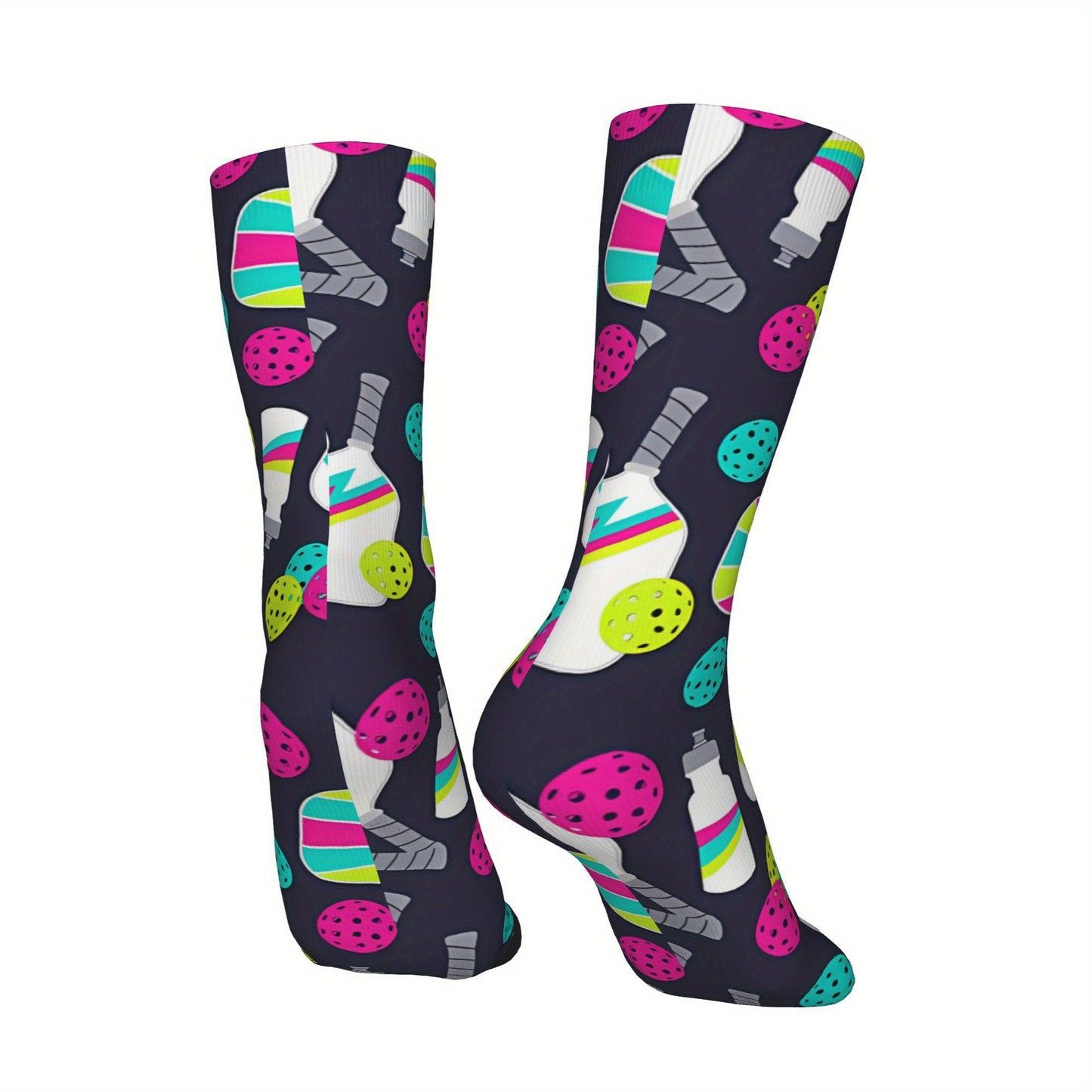 1 Pair Unisex Compression Socks - Hip Hop Vintage Pickleball Party Design, Seamless Crew Socks with Random Printed Novelty Patterns, Funny Street Style for Sports & Casual Wear
