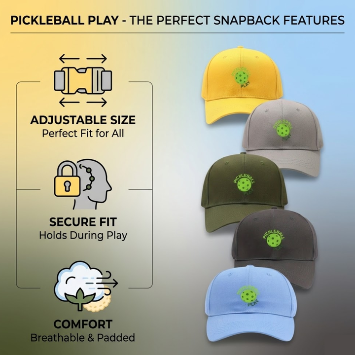 Pickleball Play Snapback Cap - Unisex Adjustable Flat Brim Breathable Sports Hat, Casual Outdoor Gift for Men Women