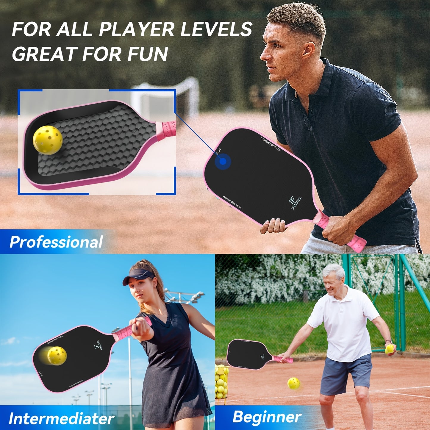 Pickleball Paddles Set Of 2, T700 Carbon Fiber Pickleball Paddles W/Carbon Abrasion Surface & 16mm Honeycomb Core for Ultimate Spin, Power & Control, Ideal for Men, Women, Novice, Intermediate & All Levels