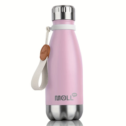 1pc Mollcity 9oz/266ml Stainless Steel Water Bottle - Vacuum Insulated, Leak-Proof, Double-Wall Insulated with Carry Strap, 24H Cold & 12H Hot, Lightweight & Durable for School, Sports, Travel, Outdoor, Gym