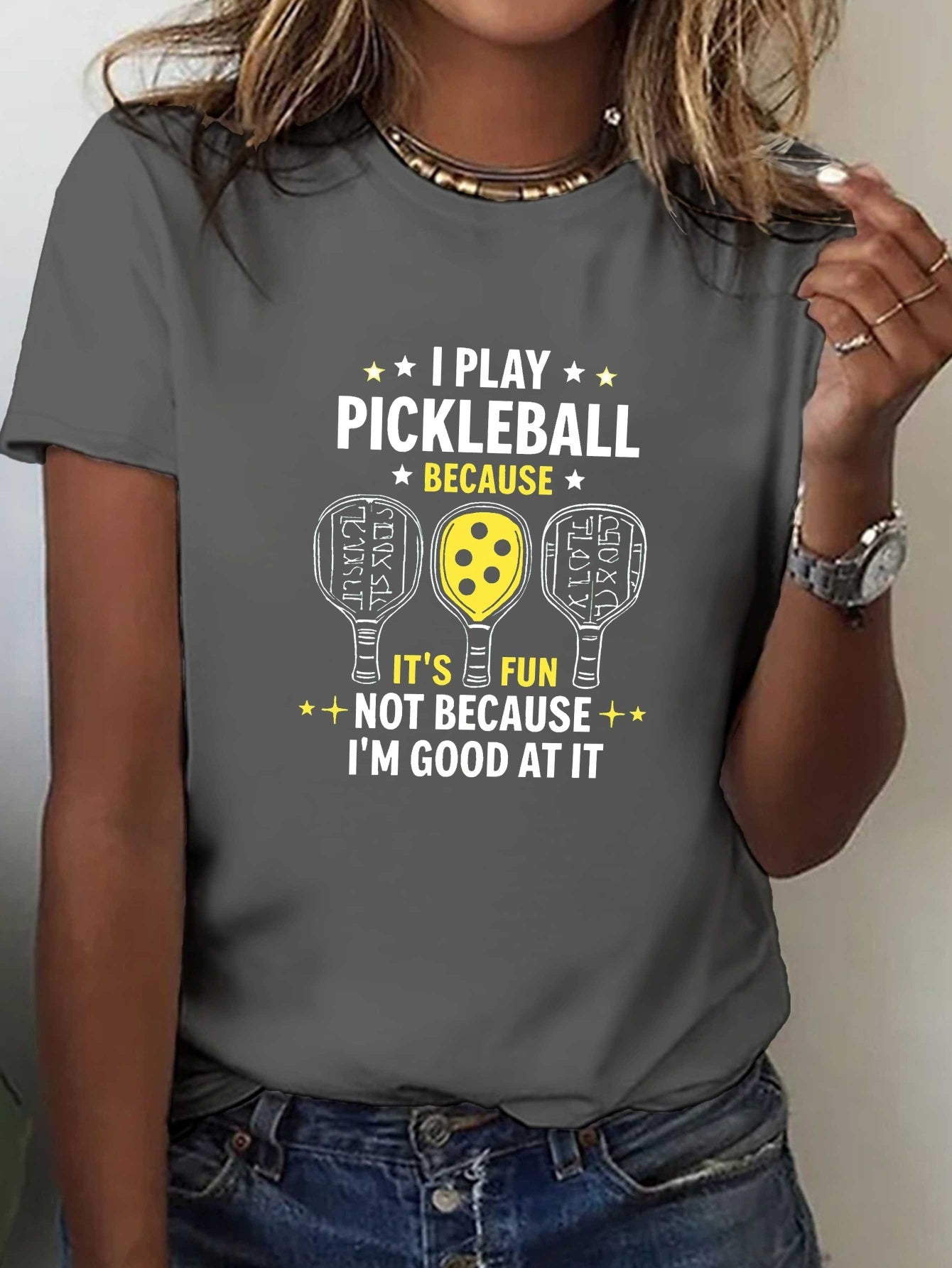 Pickleball Fun Quote Paddles Print T-shirt, Short Sleeve Crew Neck Casual Top for Summer & Spring, Women's Clothing