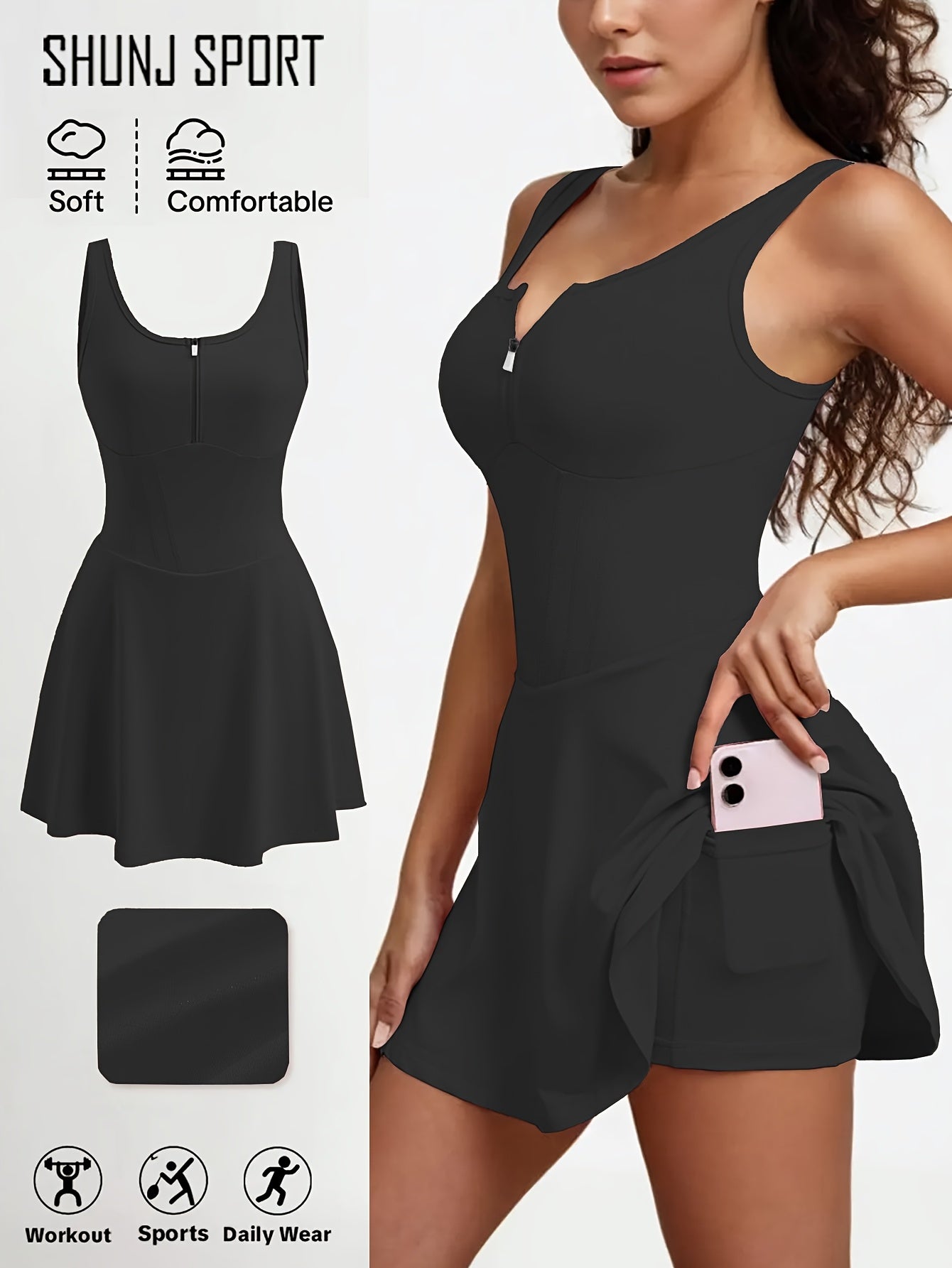 Women's Anti-See-Through Base Layer Sports Dress, New Summer Outdoor Running Fitness Tennis Skirt, Slim-Fit Women's Backless Spring/Summer Tennis/Badminton Fitness Anti-See-Through Zippered Yoga Dress, Pink Side Pocket 2-in-1