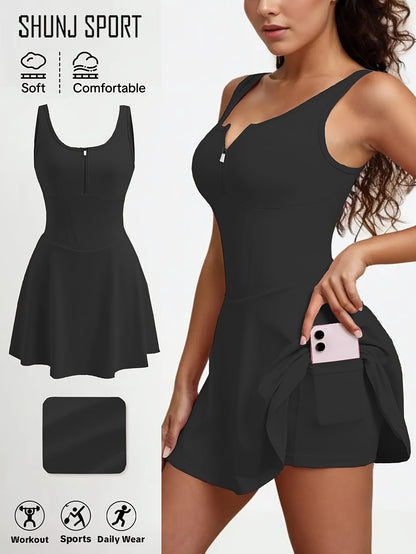 Women's Anti-See-Through Base Layer Sports Dress, New Summer Outdoor Running Fitness Tennis Skirt, Slim-Fit Women's Backless Spring/Summer Tennis/Badminton Fitness Anti-See-Through Zippered Yoga Dress, Pink Side Pocket 2-in-1