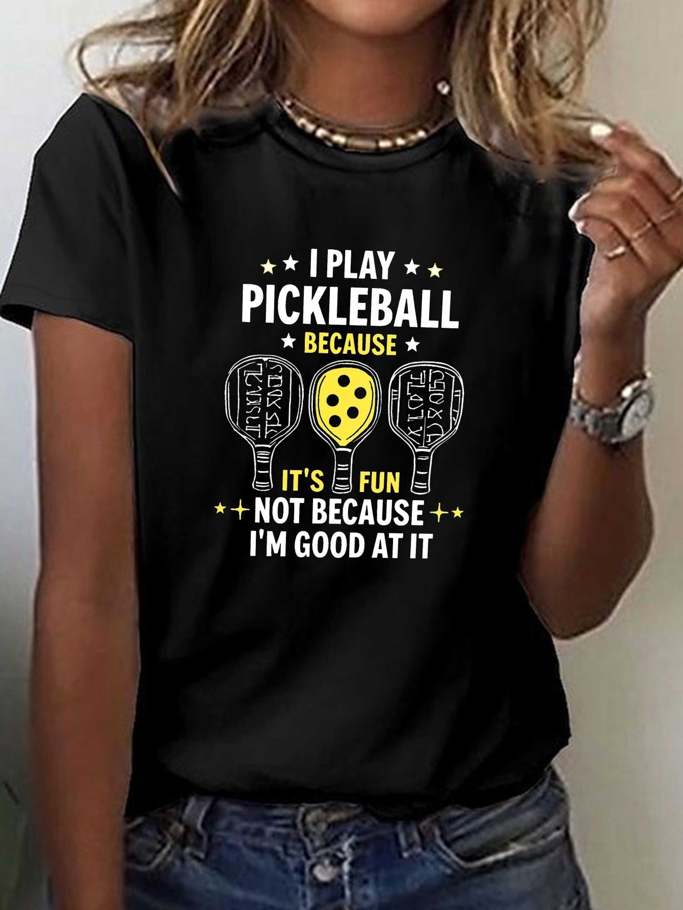 Pickleball Fun Quote Paddles Print T-shirt, Short Sleeve Crew Neck Casual Top for Summer & Spring, Women's Clothing