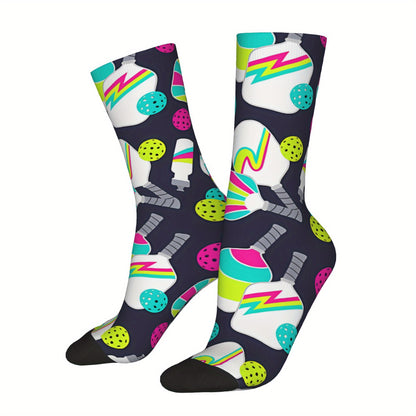 1 Pair Unisex Compression Socks - Hip Hop Vintage Pickleball Party Design, Seamless Crew Socks with Random Printed Novelty Patterns, Funny Street Style for Sports & Casual Wear