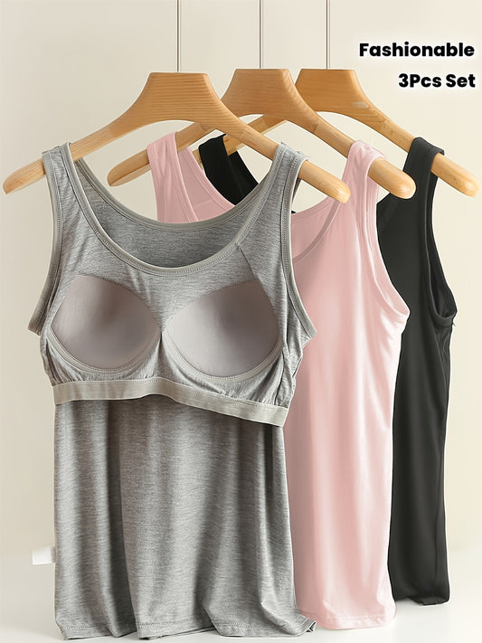 3pcs Set Women's Comfortable Wide Strap Sports Tank Tops with Built-in Pads, No Bra Needed, Simple and Fashionable, Can Be Worn as Innerwear or Outerwear