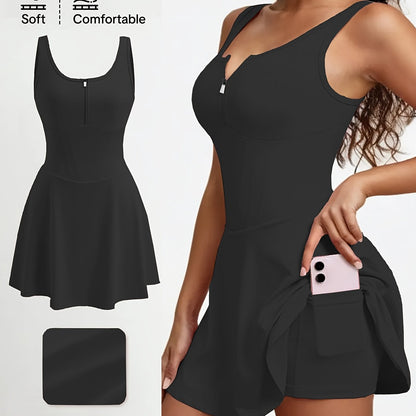 Women's Anti-See-Through Base Layer Sports Dress, New Summer Outdoor Running Fitness Tennis Skirt, Slim-Fit Women's Backless Spring/Summer Tennis/Badminton Fitness Anti-See-Through Zippered Yoga Dress, Pink Side Pocket 2-in-1