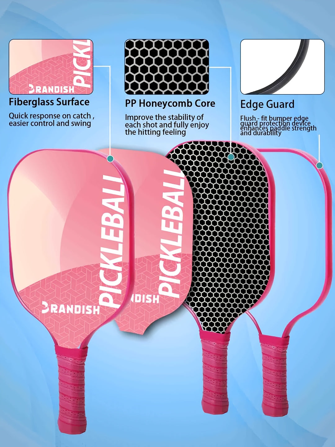 Modern 1 Fiber Pickleball Paddle - Pink Cold Pressed PP Honeycomb Core Lightweight Youth, Unisex Spin Control Paddle