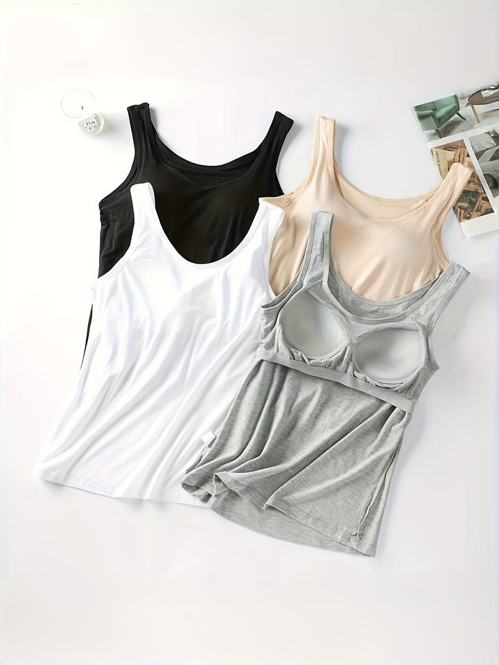 4-Pack Women’s Sports Tank Tops with Chest Padding, Wide Straps, Breathable Quick-Dry Stretch Workout &amp; Casual Tops