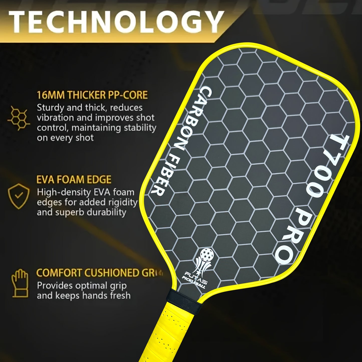 Pickleball Paddle with Rough Frosted Surface Texture for Maximum Spin and Control and Added Power - Polypropylene Honeycomb Core Pickleball Paddle 16 Thickened Pickleball Paddle