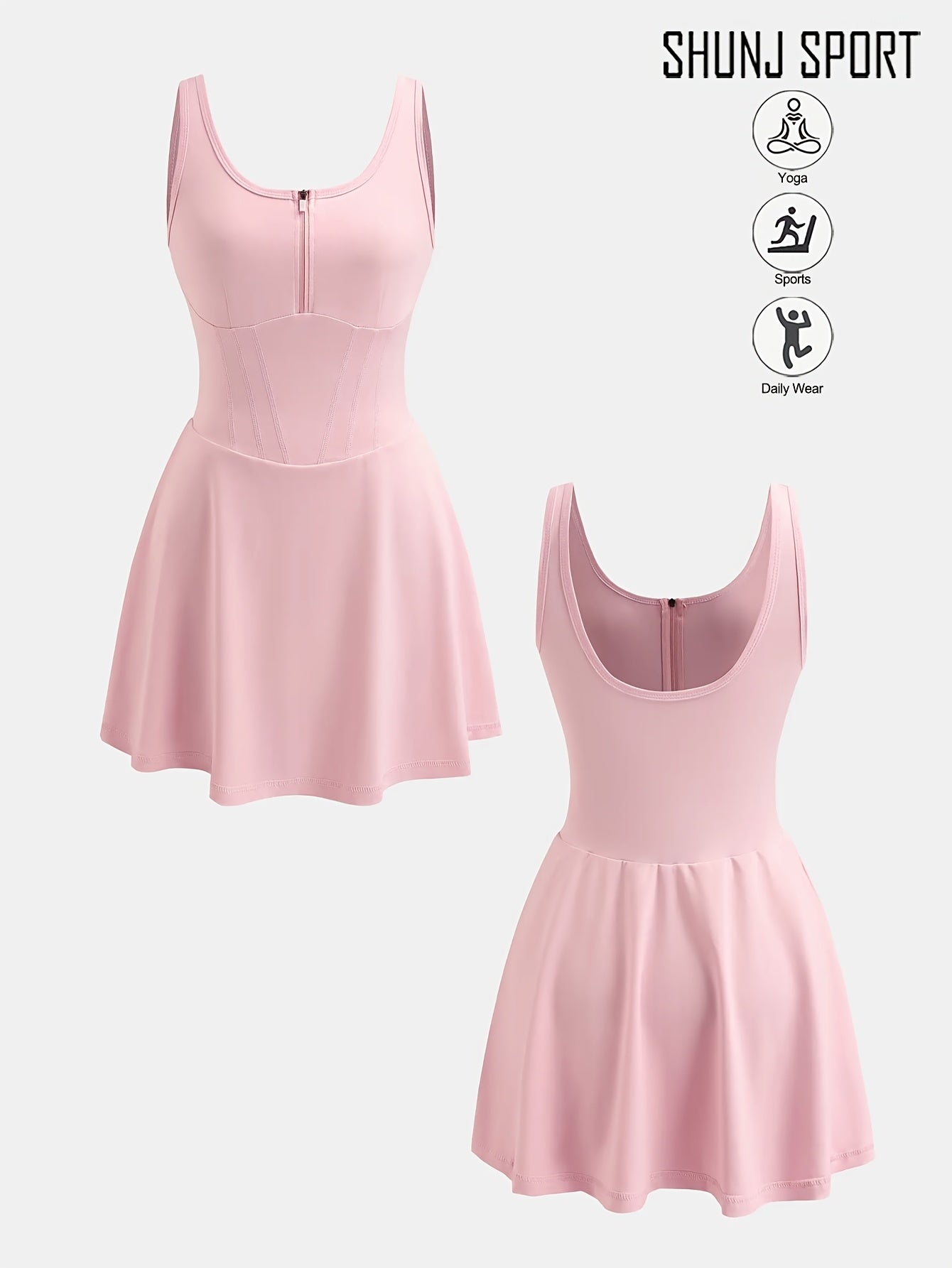 Women's Anti-See-Through Base Layer Sports Dress, New Summer Outdoor Running Fitness Tennis Skirt, Slim-Fit Women's Backless Spring/Summer Tennis/Badminton Fitness Anti-See-Through Zippered Yoga Dress, Pink Side Pocket 2-in-1