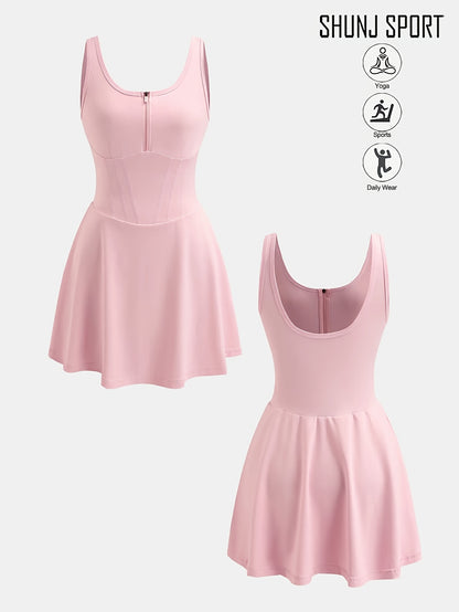 Women's Anti-See-Through Base Layer Sports Dress, New Summer Outdoor Running Fitness Tennis Skirt, Slim-Fit Women's Backless Spring/Summer Tennis/Badminton Fitness Anti-See-Through Zippered Yoga Dress, Pink Side Pocket 2-in-1